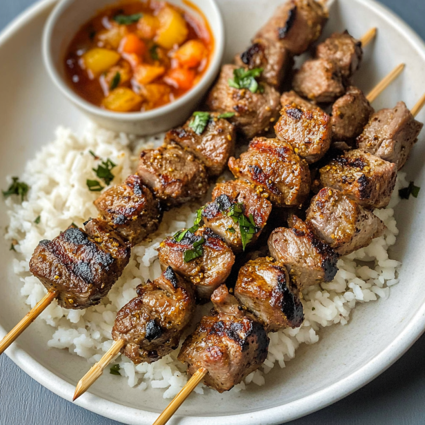 Skewers loaded with grilled meat and a bowl of dipping sauce.