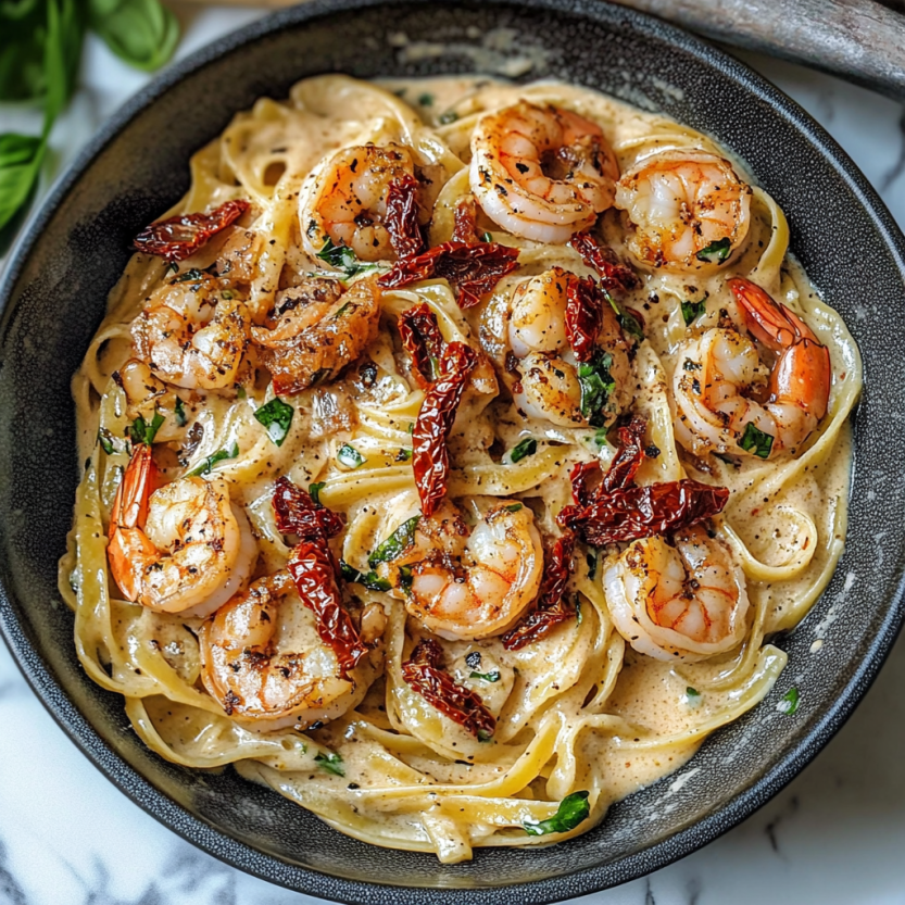 Spaghetti loaded with sun-dried tomatoes and shrimp on a plate.