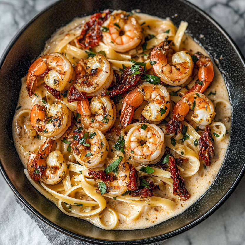 A plate of creamy shrimp pasta with sun-dried tomatoes.