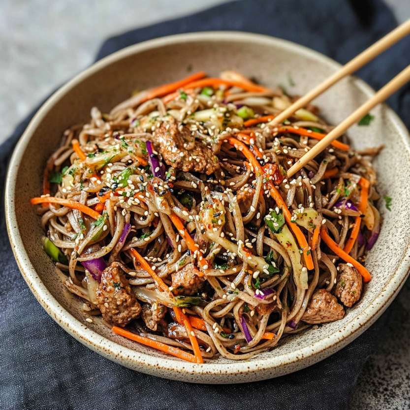 Plat de soba noodles vegan.