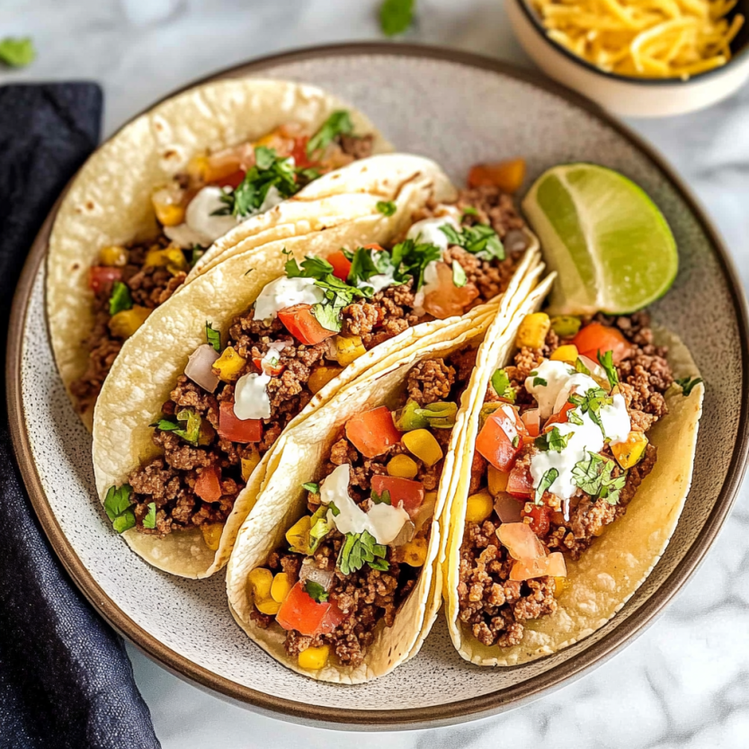 A serving of ground beef tacos on a plate.