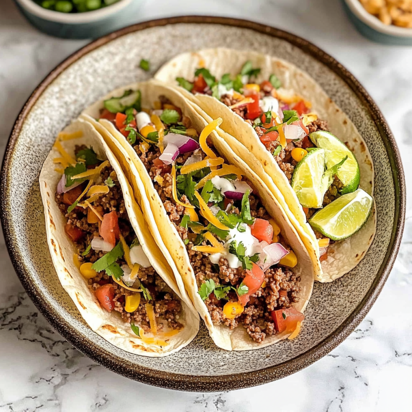 Mexican tacos loaded with tomato, onions, spinach, avocado, lime, and chilies.
