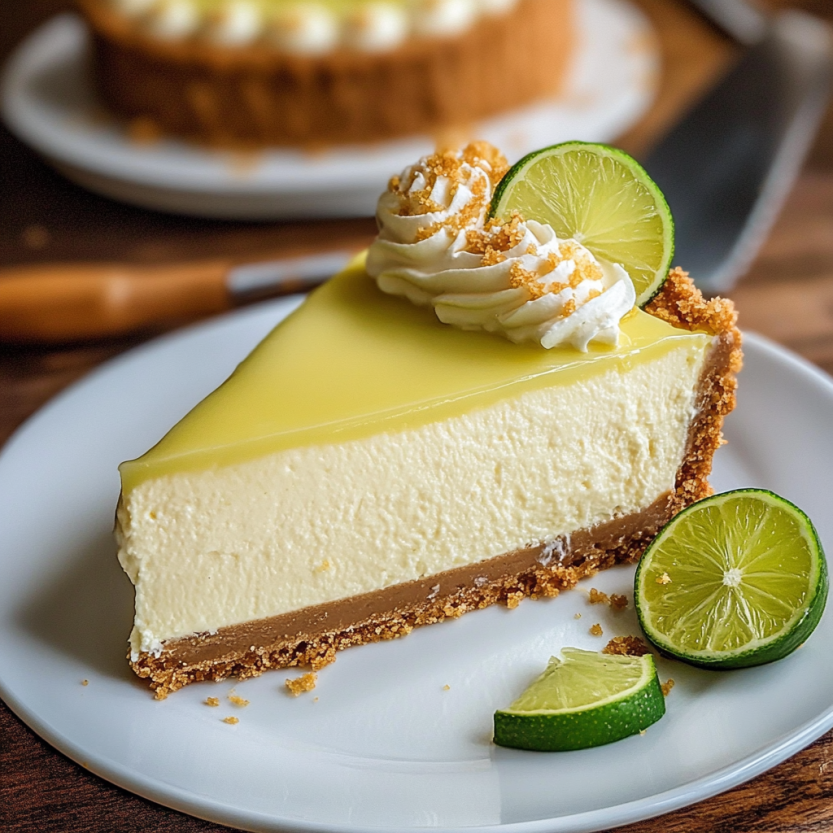 A slice of cheesecake garnished with lime wedges.