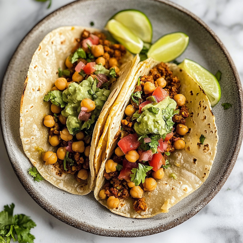 Vegan tacos filled with chickpeas and lime wedges.