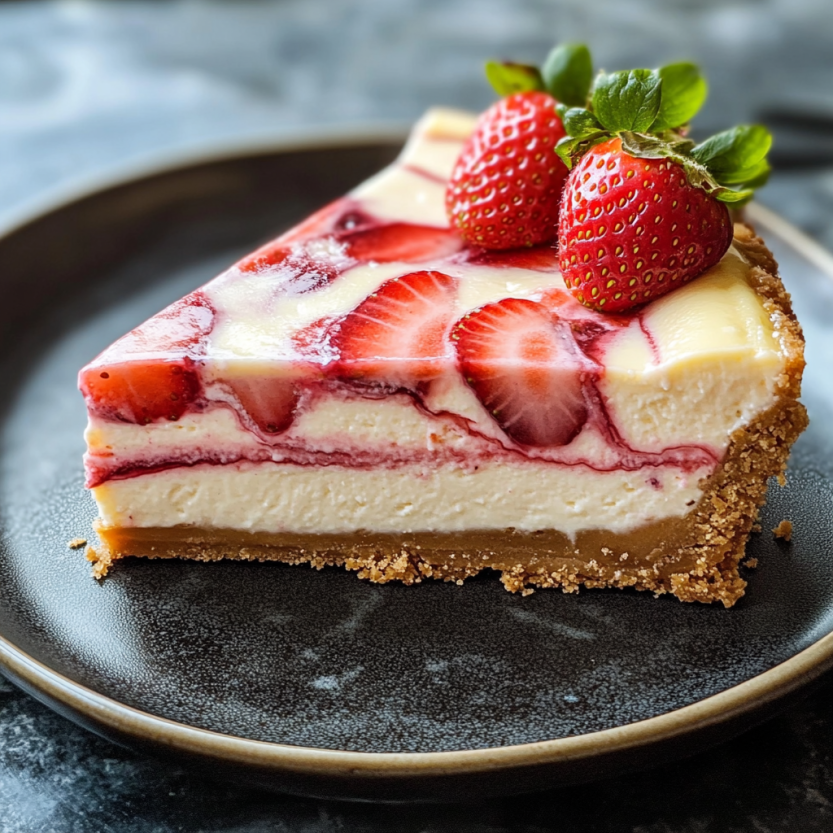 A slice of strawberry-topped cake sitting on a platter.
