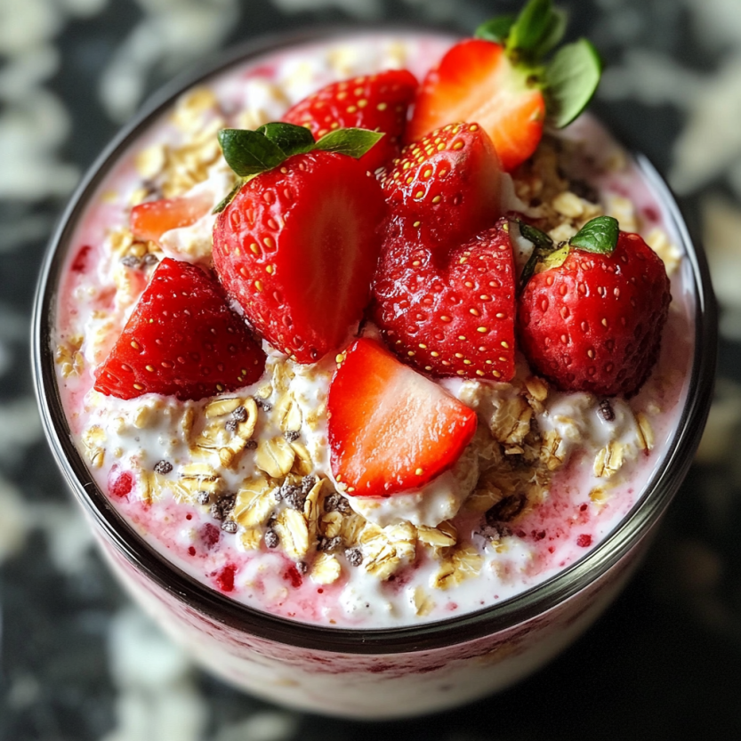 A glass packed with oats, creamy layers, and strawberries.