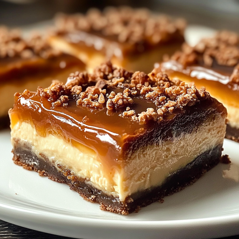 Caramel-topped cheesecake bars laid out on a tray.