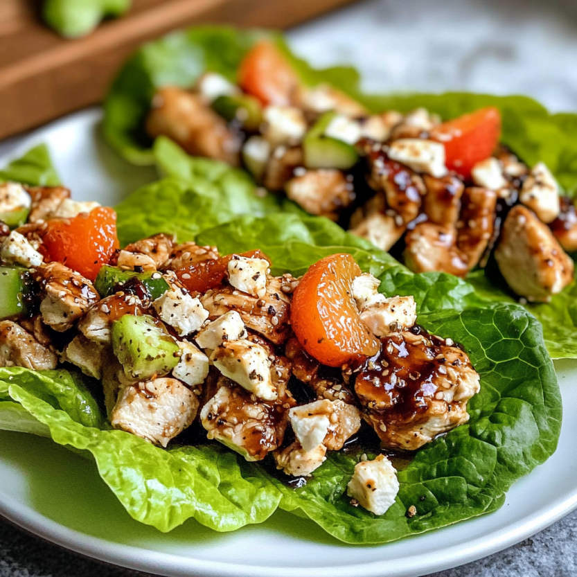 Chicken lettuce wraps avec des tomates et des légumes verts.