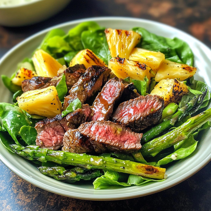 A plate loaded with grilled steak, asparagus, and pineapple chunks in a fresh salad.