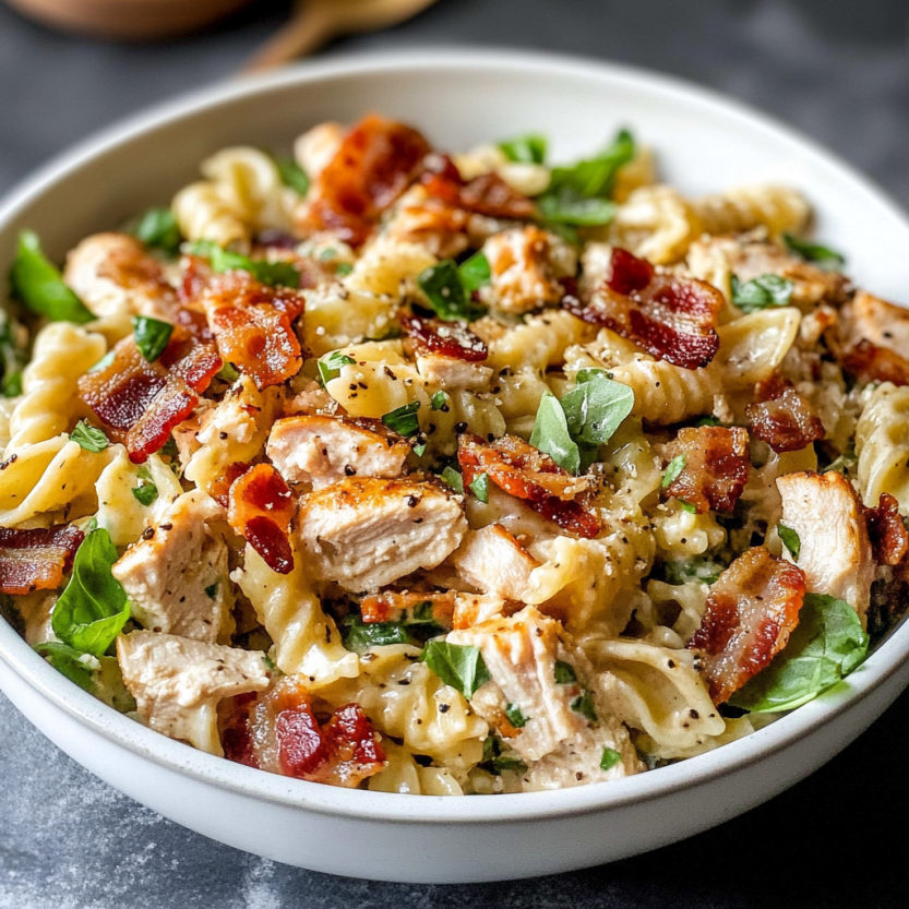 Pasta salad loaded with bacon and veggies on the side.