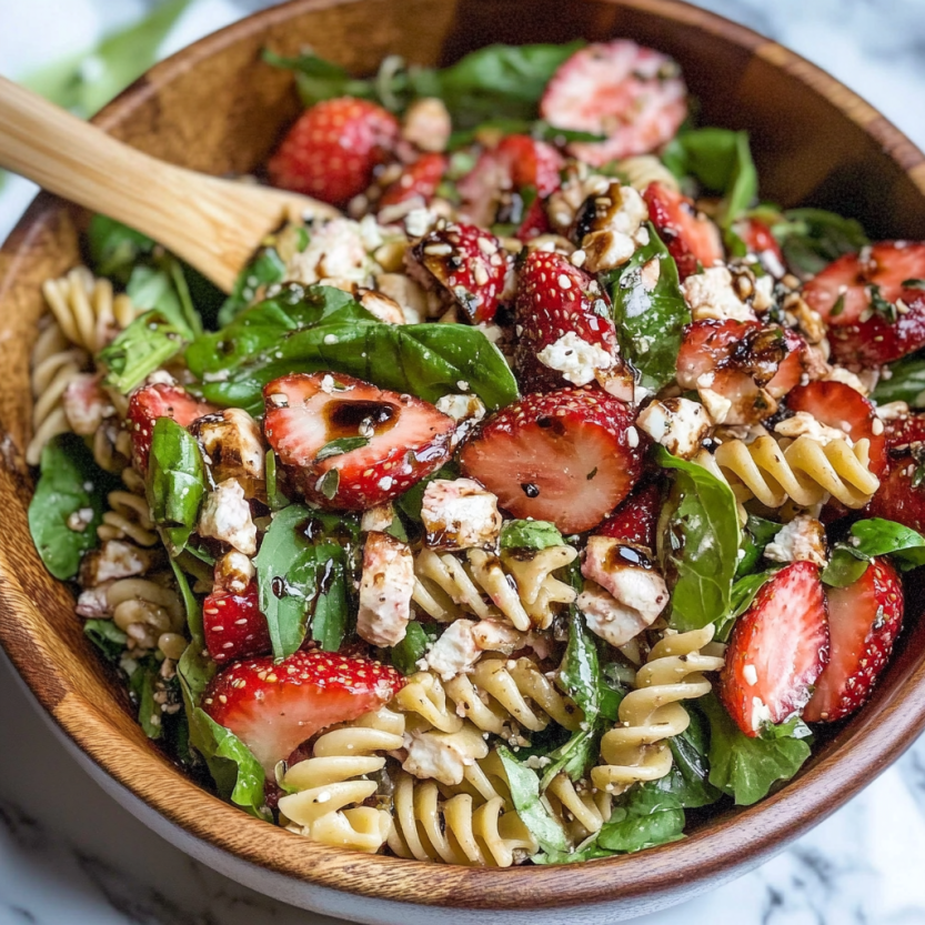 Pasta salad tossed with strawberries, mixed greens, and a splash of balsamic dressing.