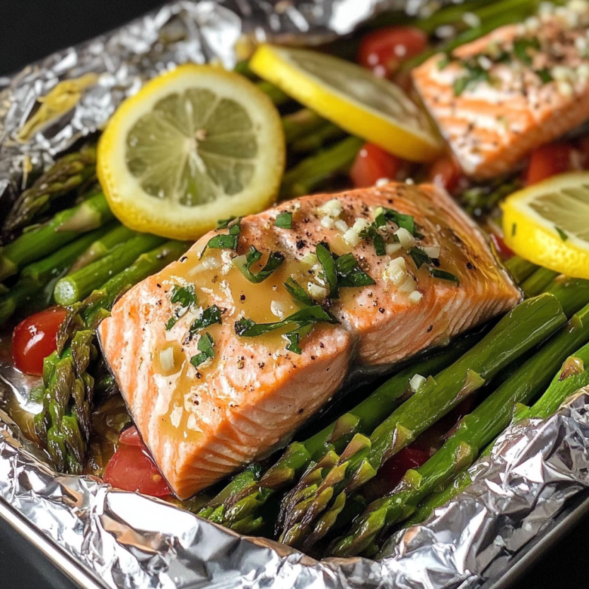 Salmon et asperges dans des paniers en aluminium.