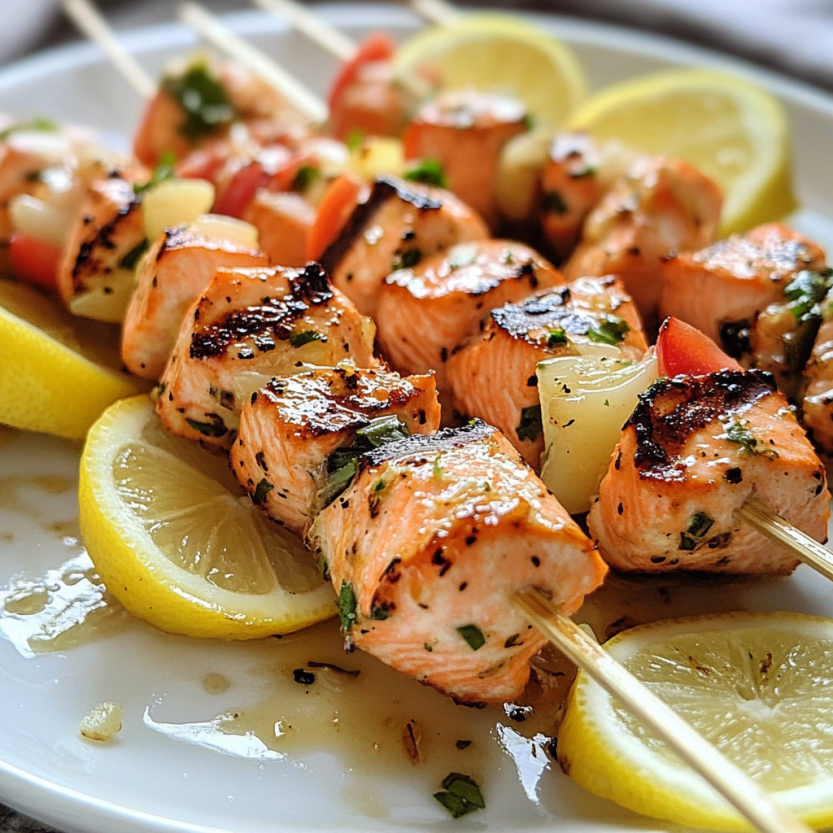 A plate holding lemon and salmon skewers just off the grill.