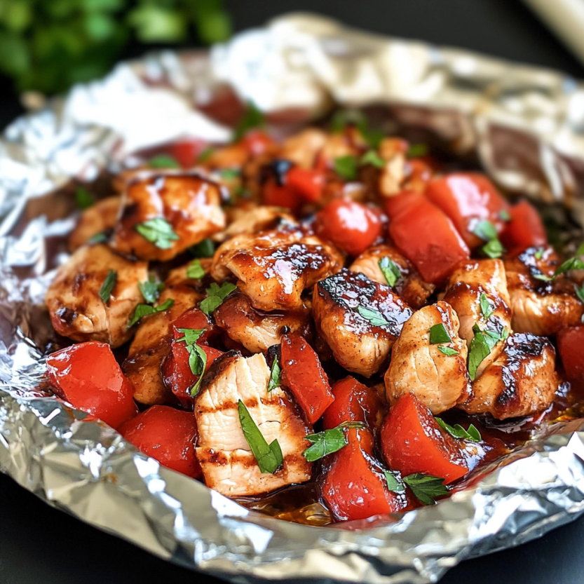 Foil packs de poulet grillé avec des légumes.