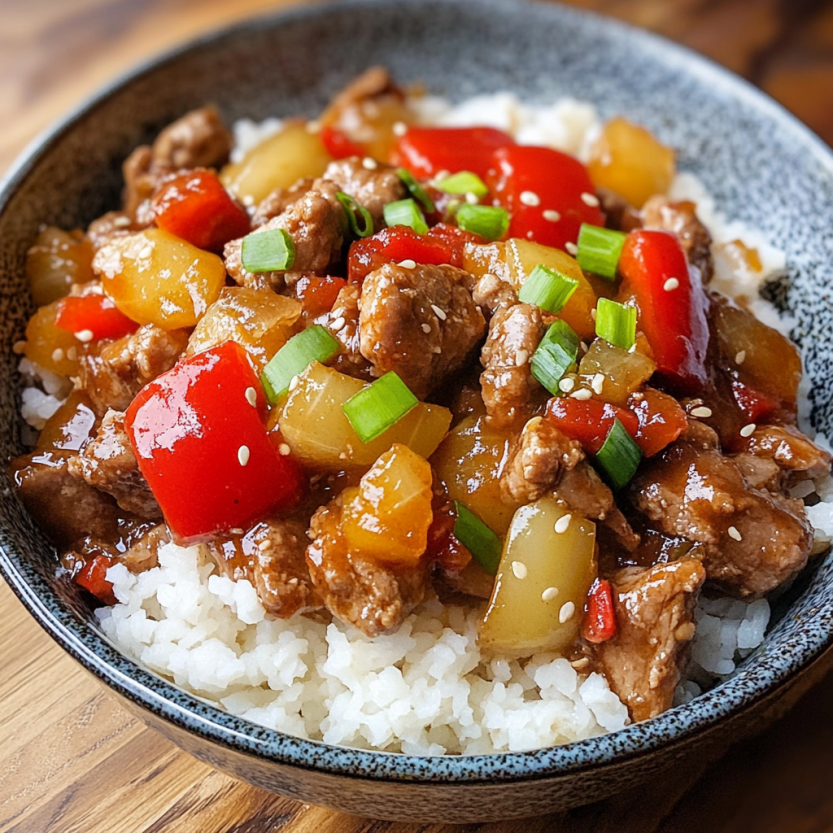 A plate with saucy, tender pork and sweet peppers, served over fluffy rice.