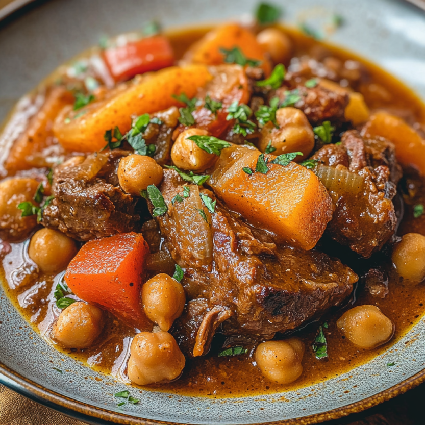 A plate with Moroccan Chickpea Pot Beef.