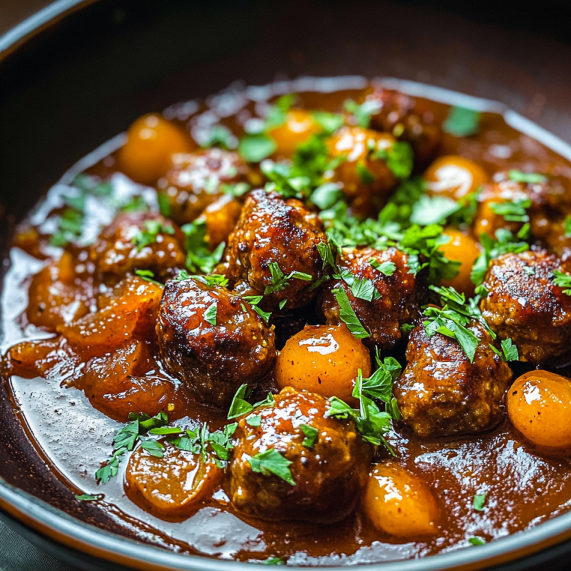 Une assiette de boulettes à la marmelade avec des légumes verts.