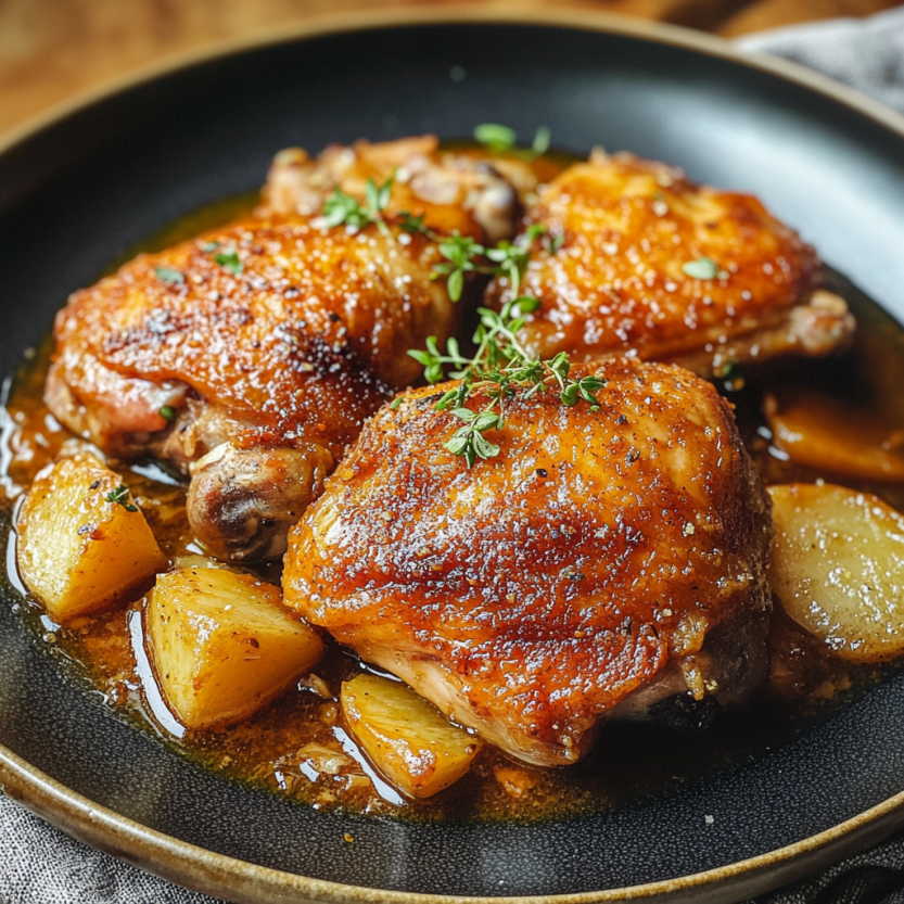 Chicken grilled with herbs and veggies, all in a bowl.