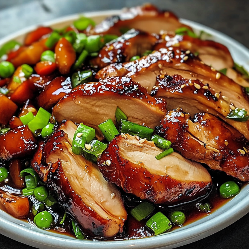 A plate holding char siu chicken with fresh green veggies.