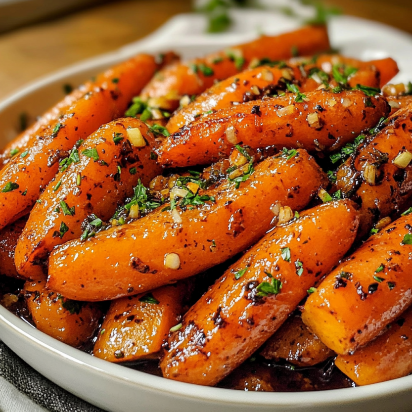 A plate of roasted carrots sprinkled with herbs.