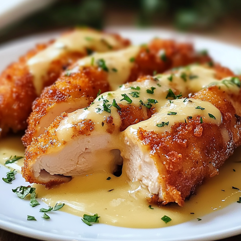Chicken Cordon Bleu with Swiss cheese sauce tastes awesome.
