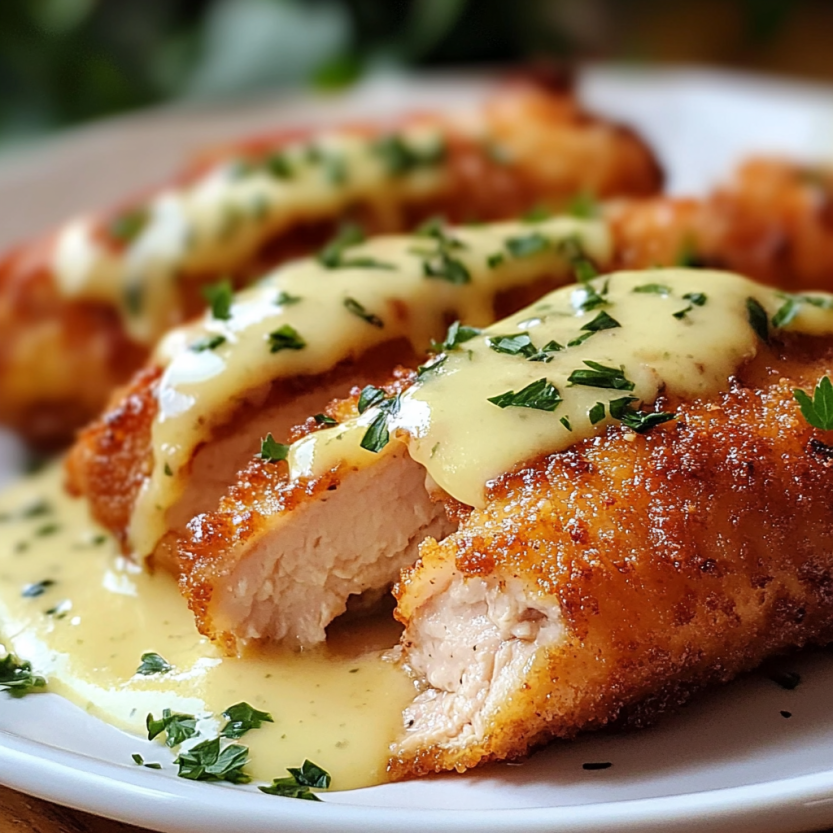 A shot of Chicken Cordon Bleu covered in creamy Swiss cheese sauce.