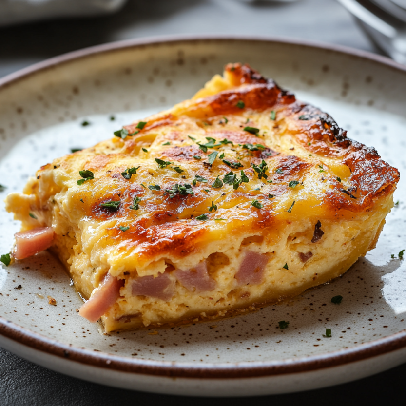 A cheesy ham quiche, slow-cooked in a crockpot, sliced and ready to eat on a platter.