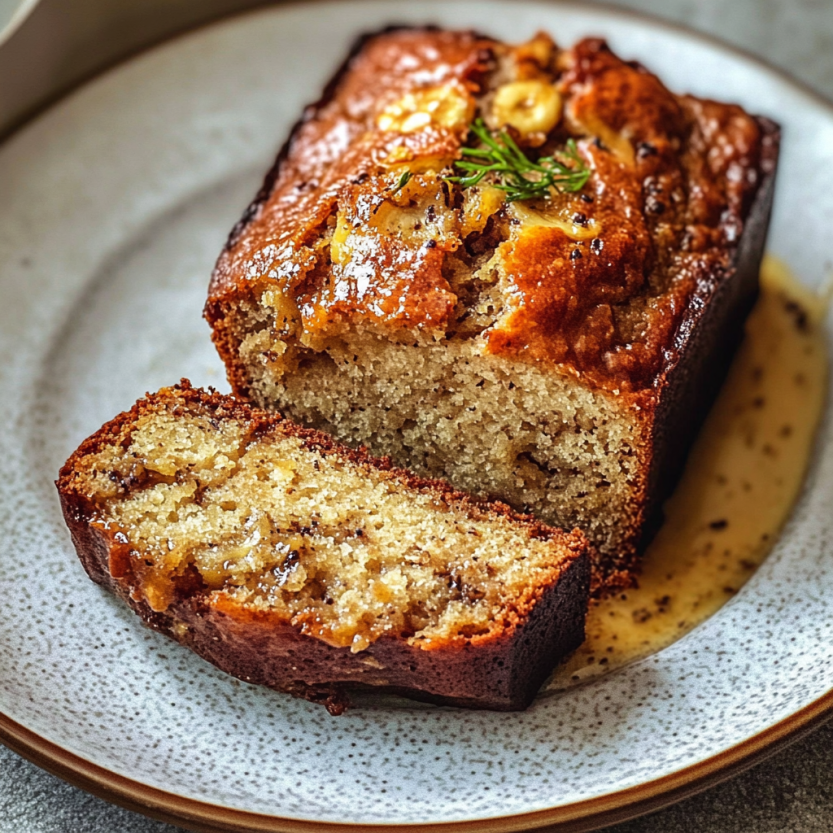 Une portion de veille banana bread posée sur un plateau.