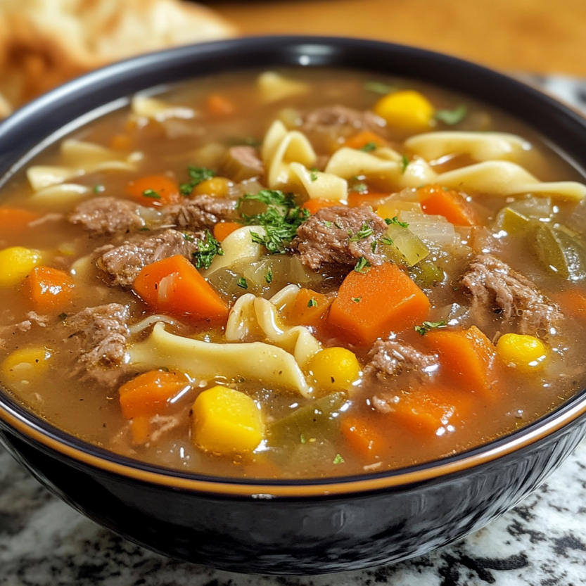 Bol rempli de soupe aux légumes et à la viande.