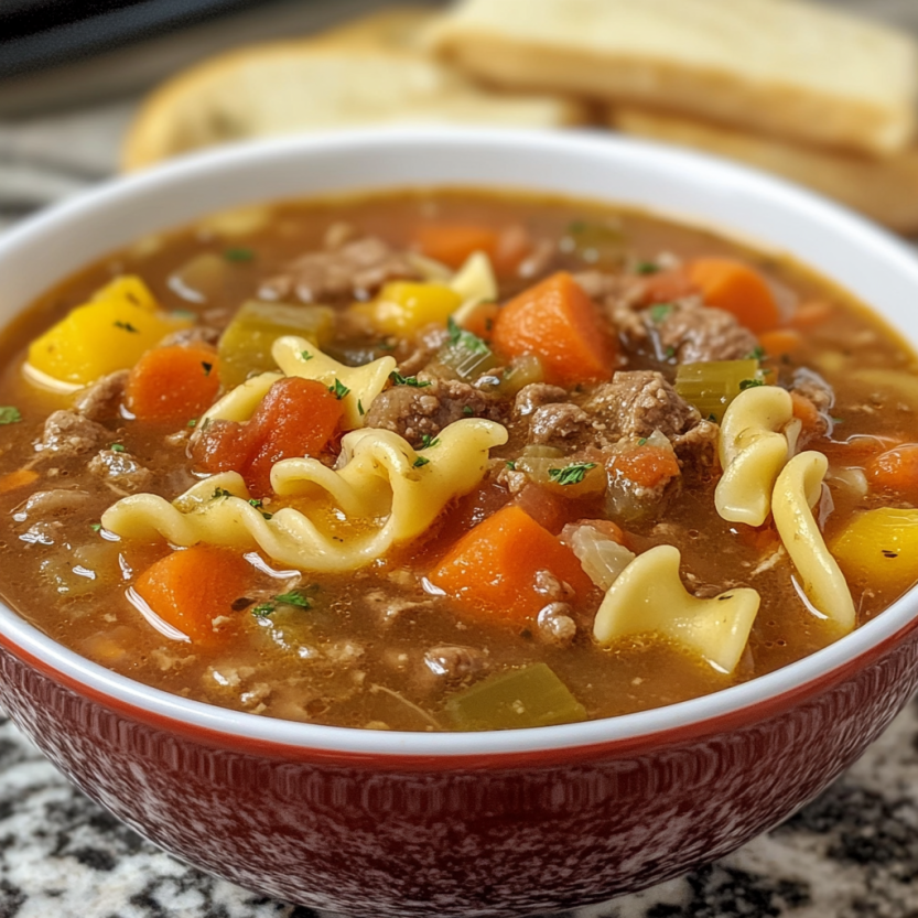 A bowl filled with carrots, green beans, pasta, and beef.
