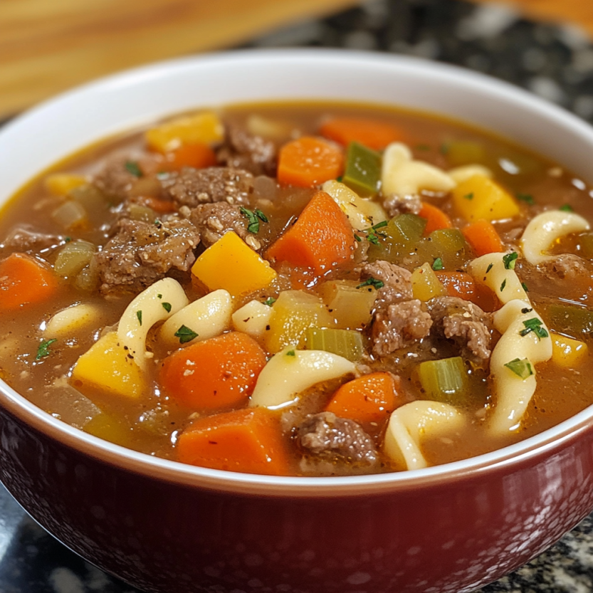 A bowl loaded with beef, noodles, and bright veggies.