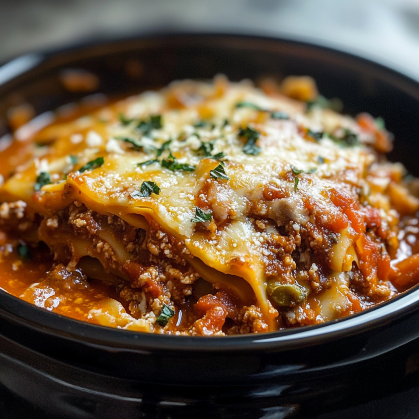 Photo of a bubbling crockpot lasagna, golden on top with visible herbs and hints of spice throughout.