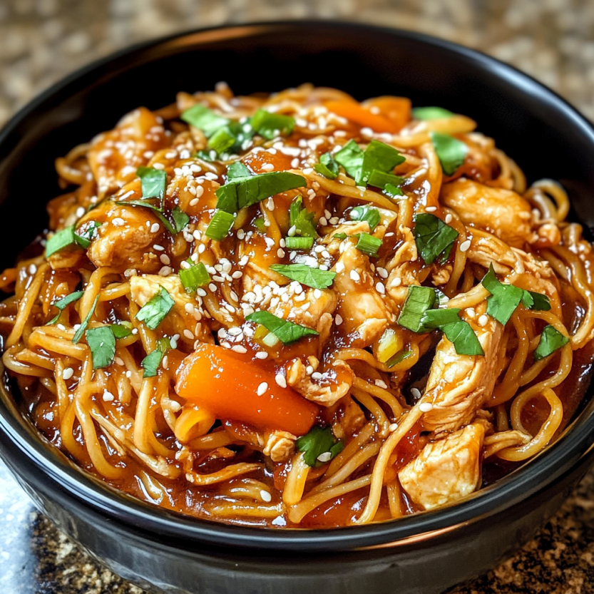 A plate piled with chicken and colorful veggies, all tossed together in a Chinese-style noodle dish.