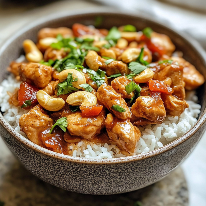 Un plat de riz avec des légumes et des noix de cashew.