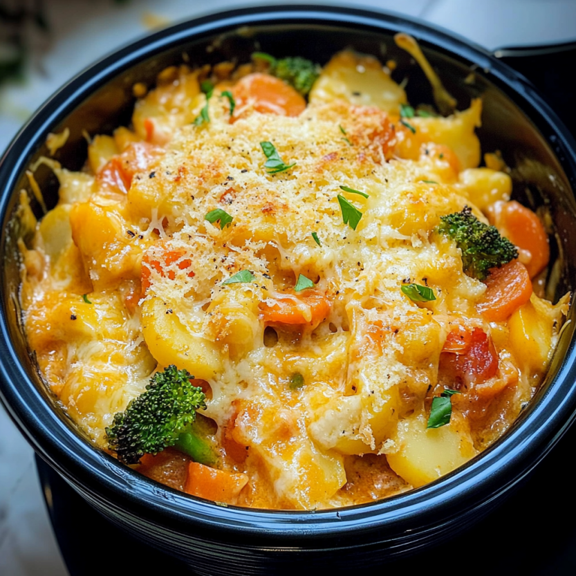 Casserole with veggies and cheese in a plastic bowl.