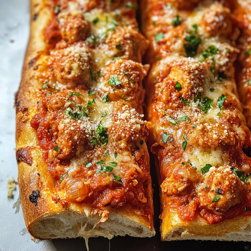 Slices of pizza topped with meatballs and fresh herbs.