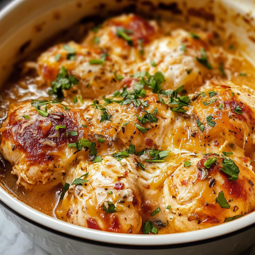 Un pot de poulet doré plein d’herbes et d’épices, mijoté lentement.