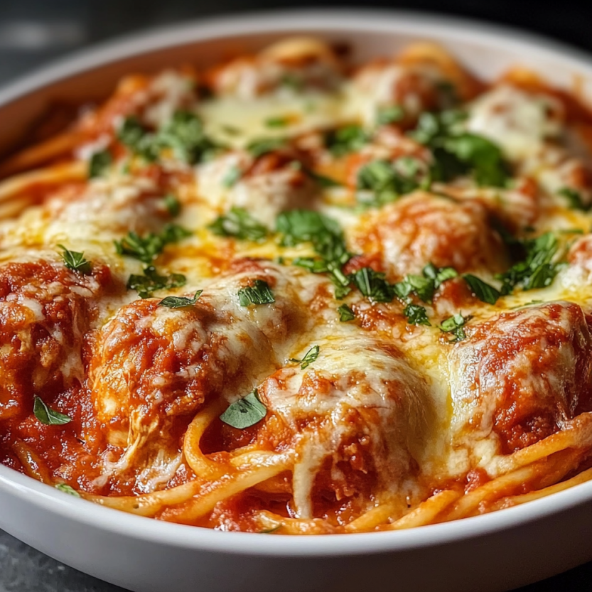 Un plat de spaghetti avec des boulettes de viande et des herbes.