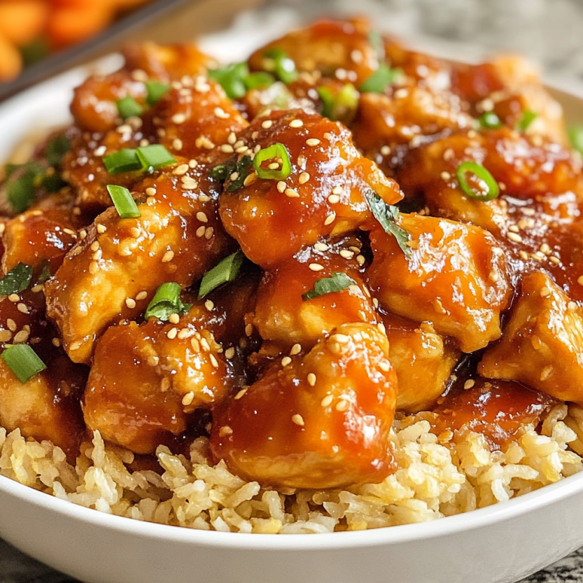 On trouve du poulet chinois servi dans un bol.