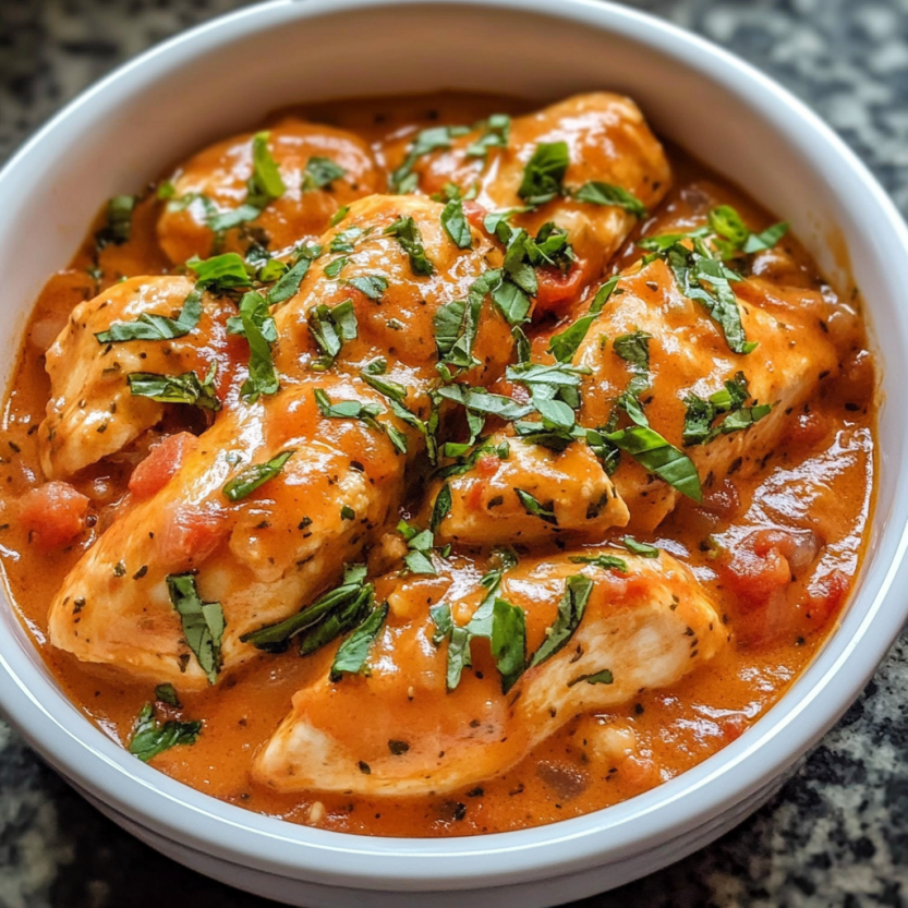 A plate with roasted chicken smothered in tomato basil sauce.