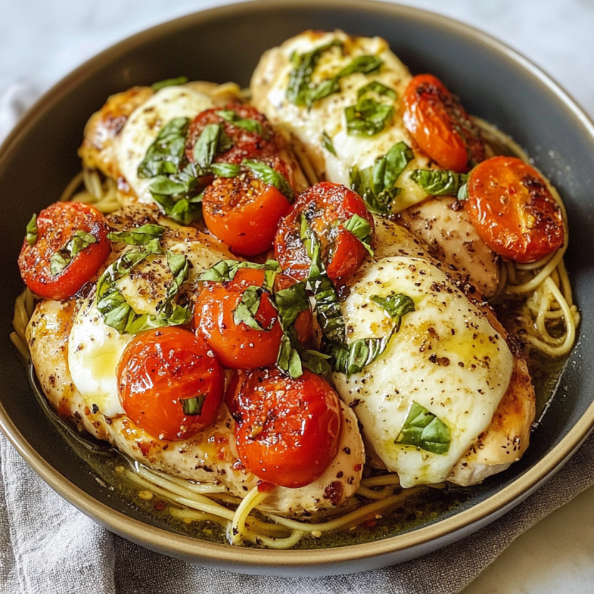 Photo showing baked chicken with tomatoes and herbs.