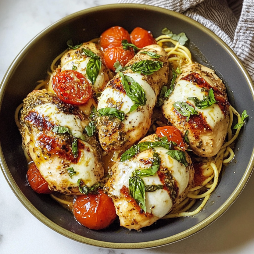 Photo showing baked chicken with tomatoes and herbs.