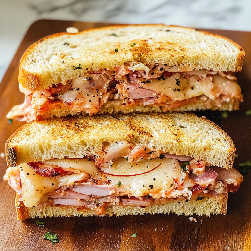 On a table sits a muffuletta stuffed with tomato sauce, slices of ham, gooey cheese, and mixed veggies.