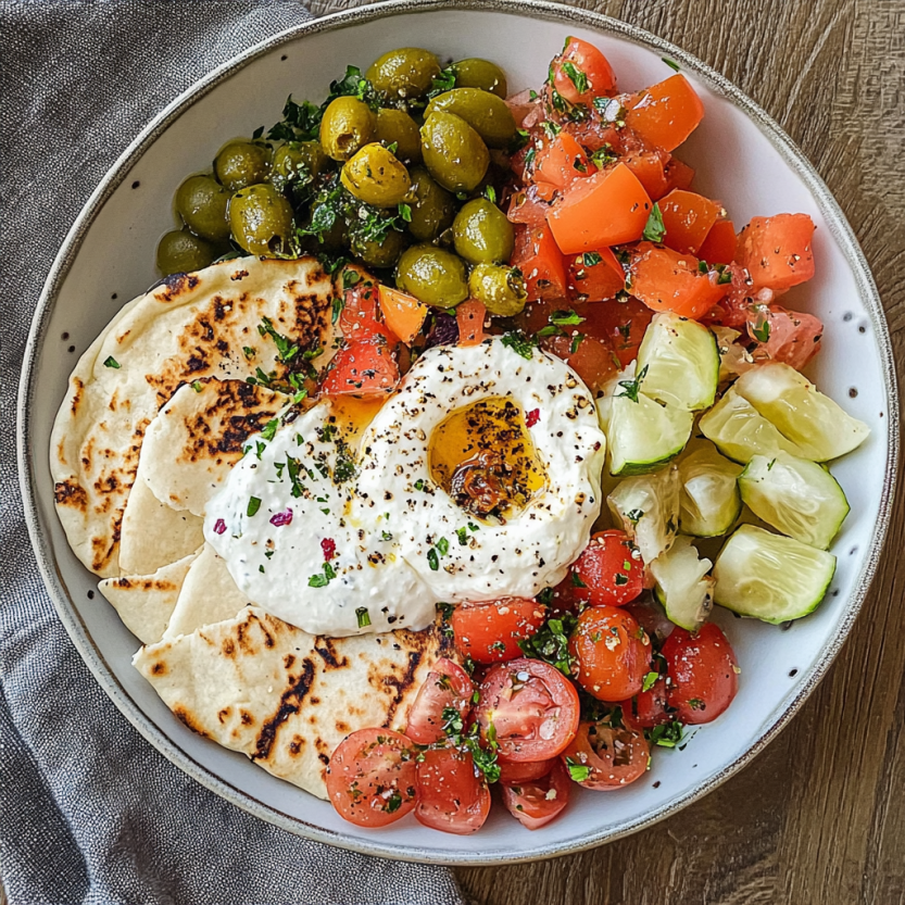 A Mediterranean spread showing crispy pita, tomatoes, and sides.