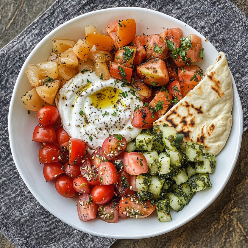 A mezze plate set with roasted veggies, tomatoes, yogurt, and crisped bread.