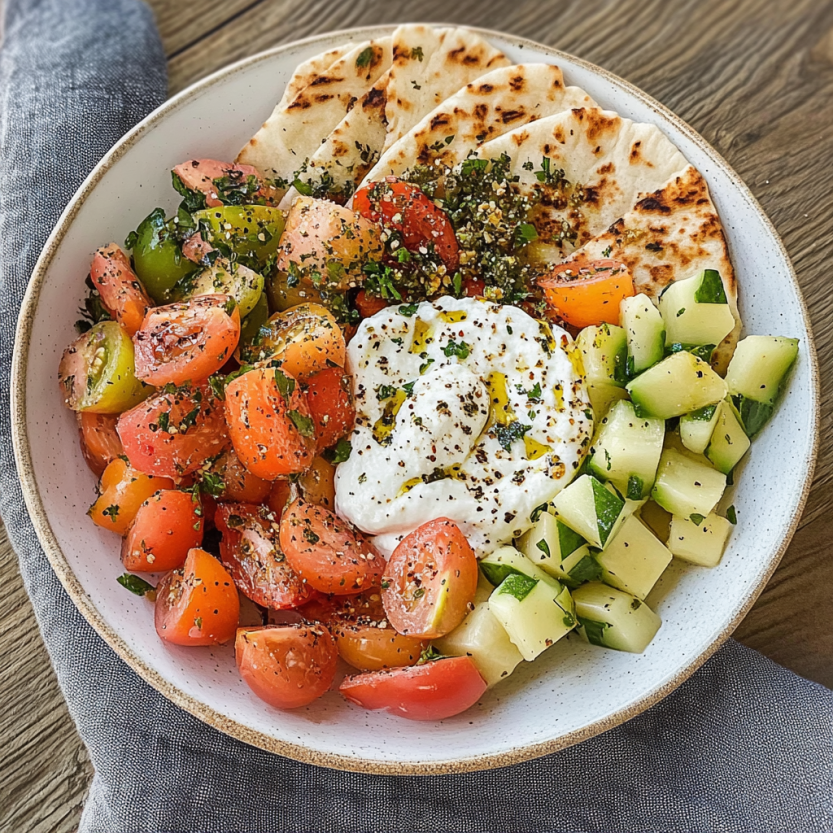 A plate of mezze with charred pita wedges and colorful veggies.