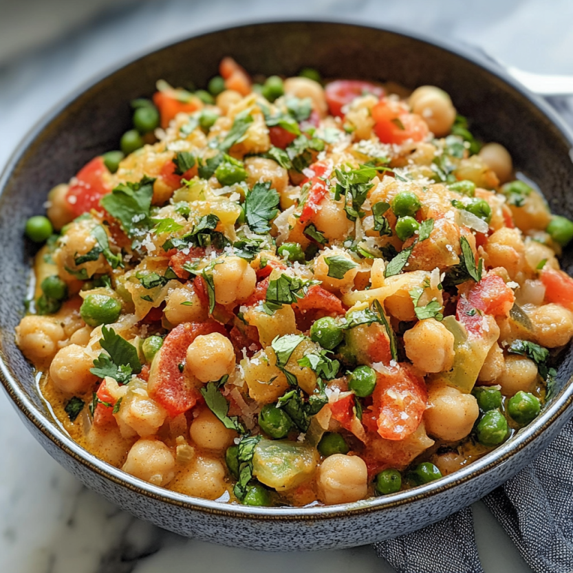 A plate filled with chickpeas, vegetables, greens, and tomatoes all in a cozy curry sauce.