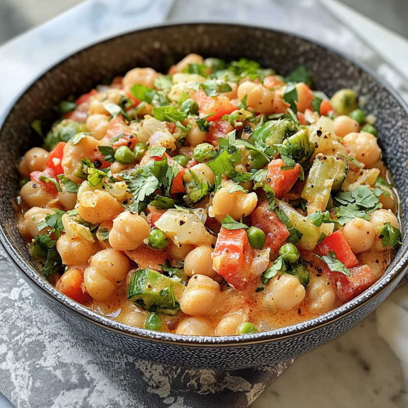 A bowl filled with chickpeas and green vegetables.