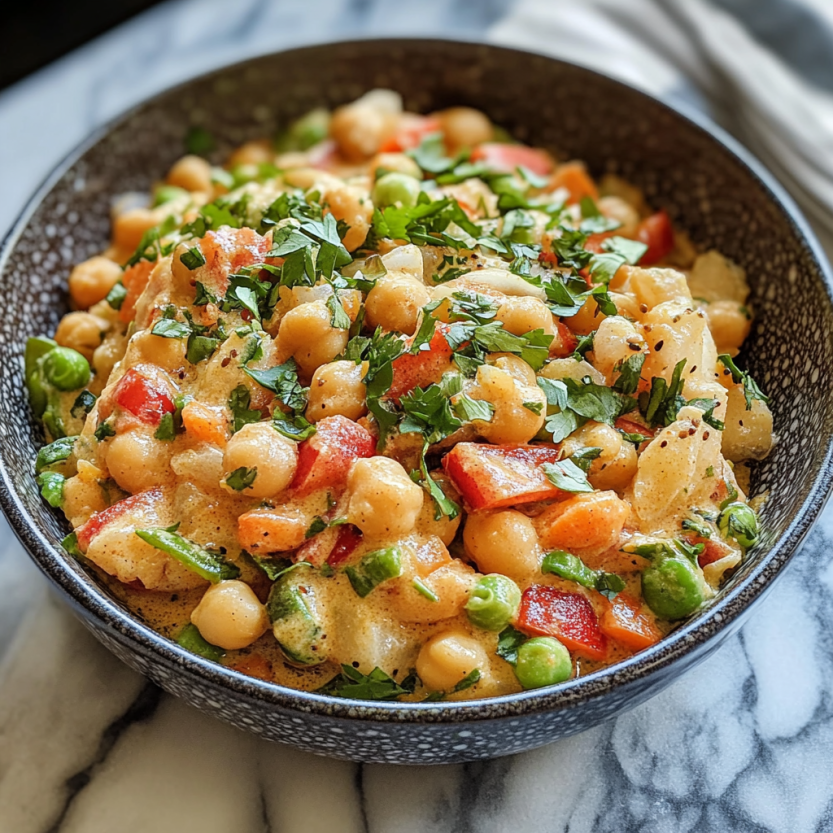 A plate with veggie and chickpea curry.