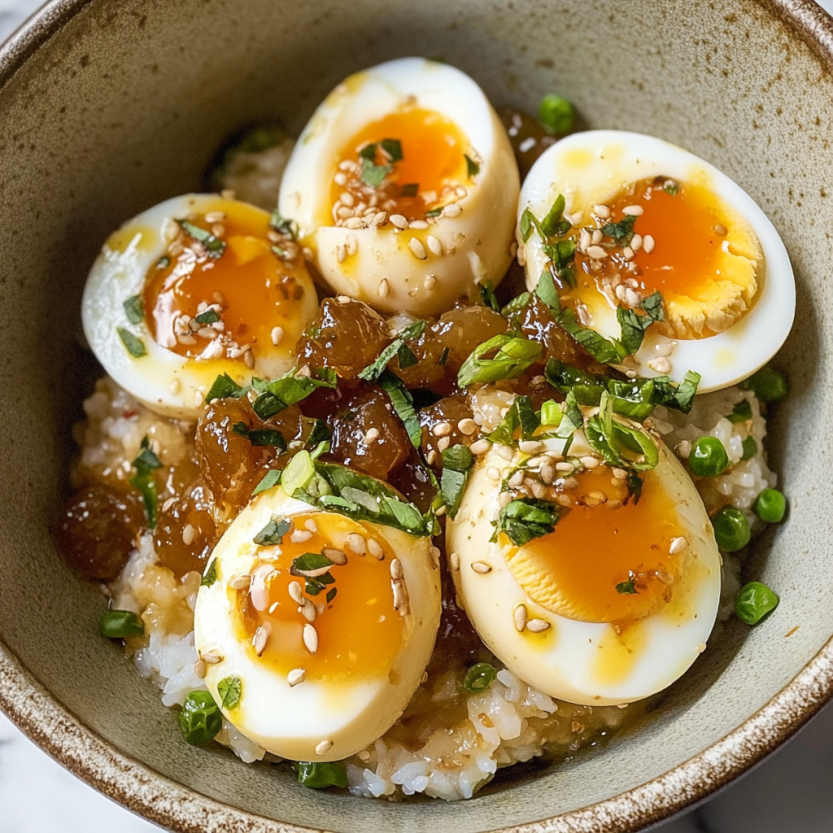 A plate loaded with eggs soaking up soy and citrus.